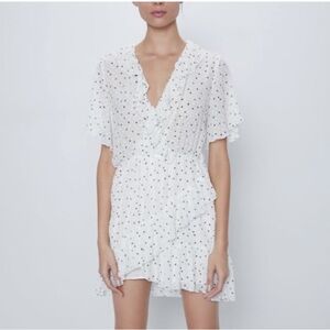 Zara Women’s Large White With Black Polka Dot Romper Dress Sheer Wrap Style Top
